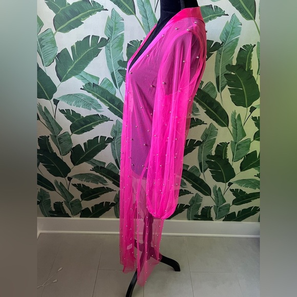 Pink Lily Womens Pink Sheer Silver Pearled Duster Open Front Jacket Medium NWOT - Picture 6 of 7